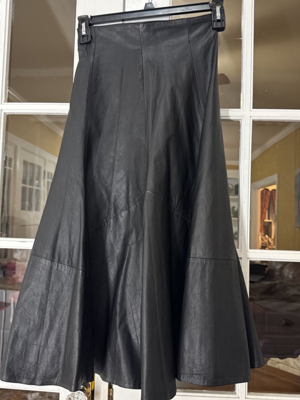 PELLE CUIR Vintage XS Black Leather Midi-Maxi Flared trumpet Skirt Goth Glam 10